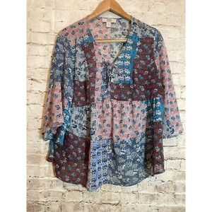 Vintage America Boho Top Womens Large Mixed Print Patchwork Flare Sleeve Lace Up